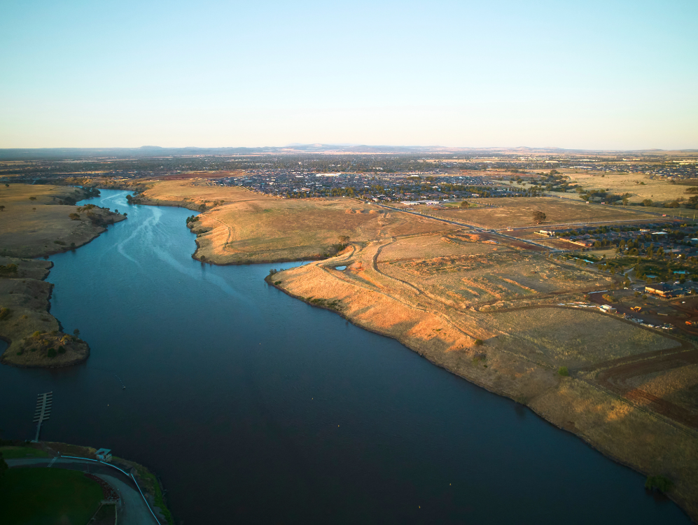 Aerial photograph of Werribee River and Exford Waters estate.